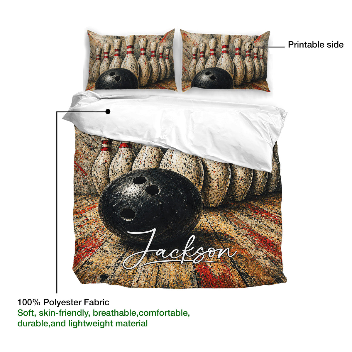 Bowling duvet cover with vintage pins and black ball artwork shown on lightweight polyester fabric