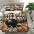 Bowling bedding set displayed in a bright bedroom with vintage pins and black bowling ball artwork