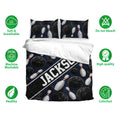 Bowling bedding set with printed duvet cover and matching pillowcases in a dark blue bowling design