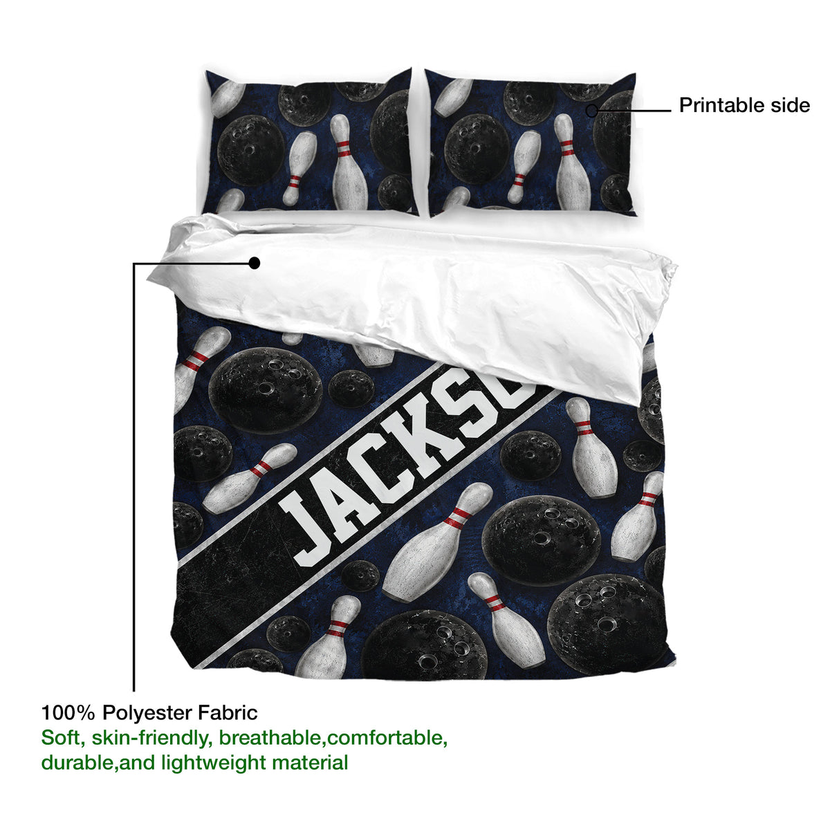 Bowling duvet cover set product guide showing printed side, soft polyester fabric, and matching pillowcases