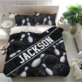 Bowling bedding set presented in a modern bedroom with matching pillowcases and bold dark blue artwork