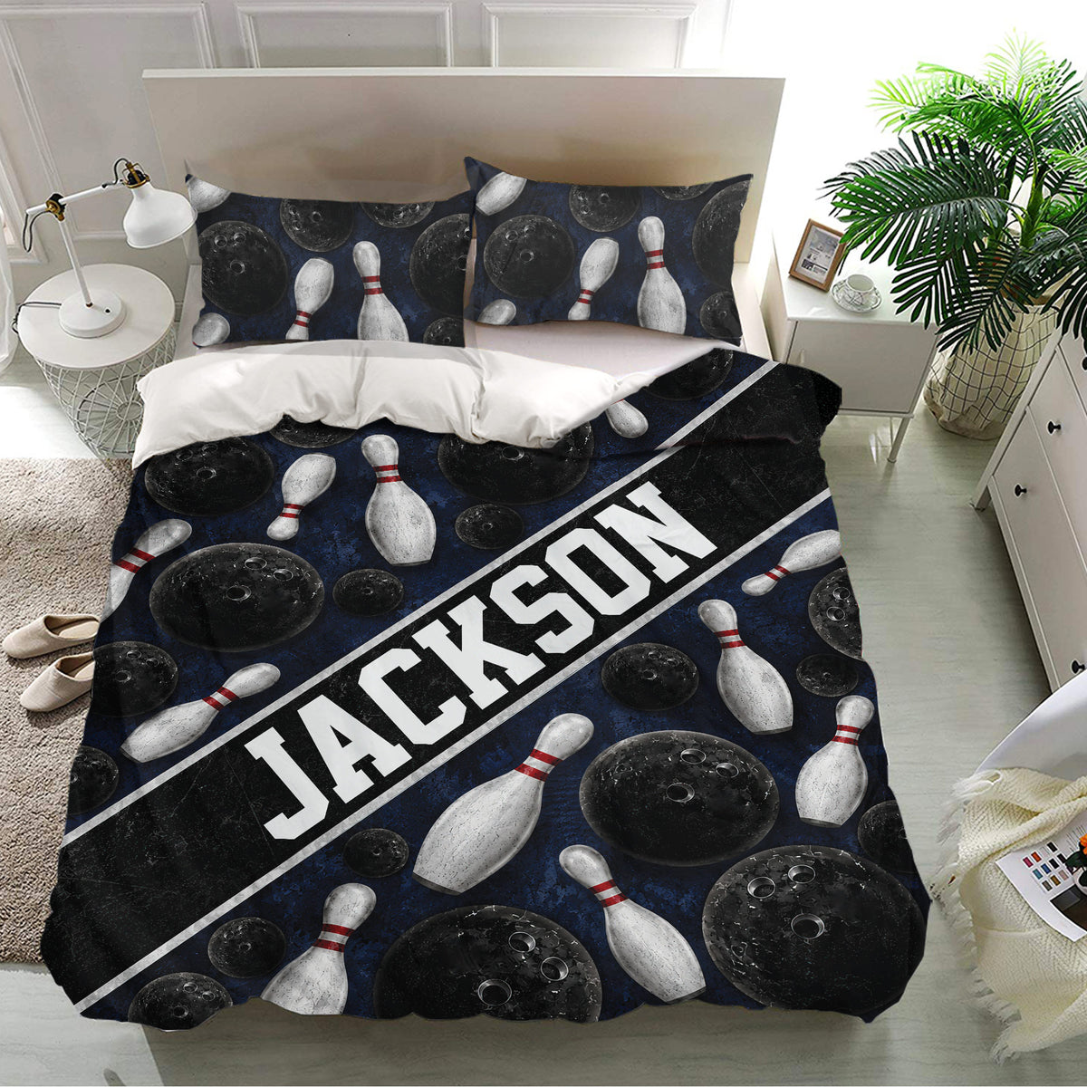 Bowling bedding set presented in a modern bedroom with matching pillowcases and bold dark blue artwork