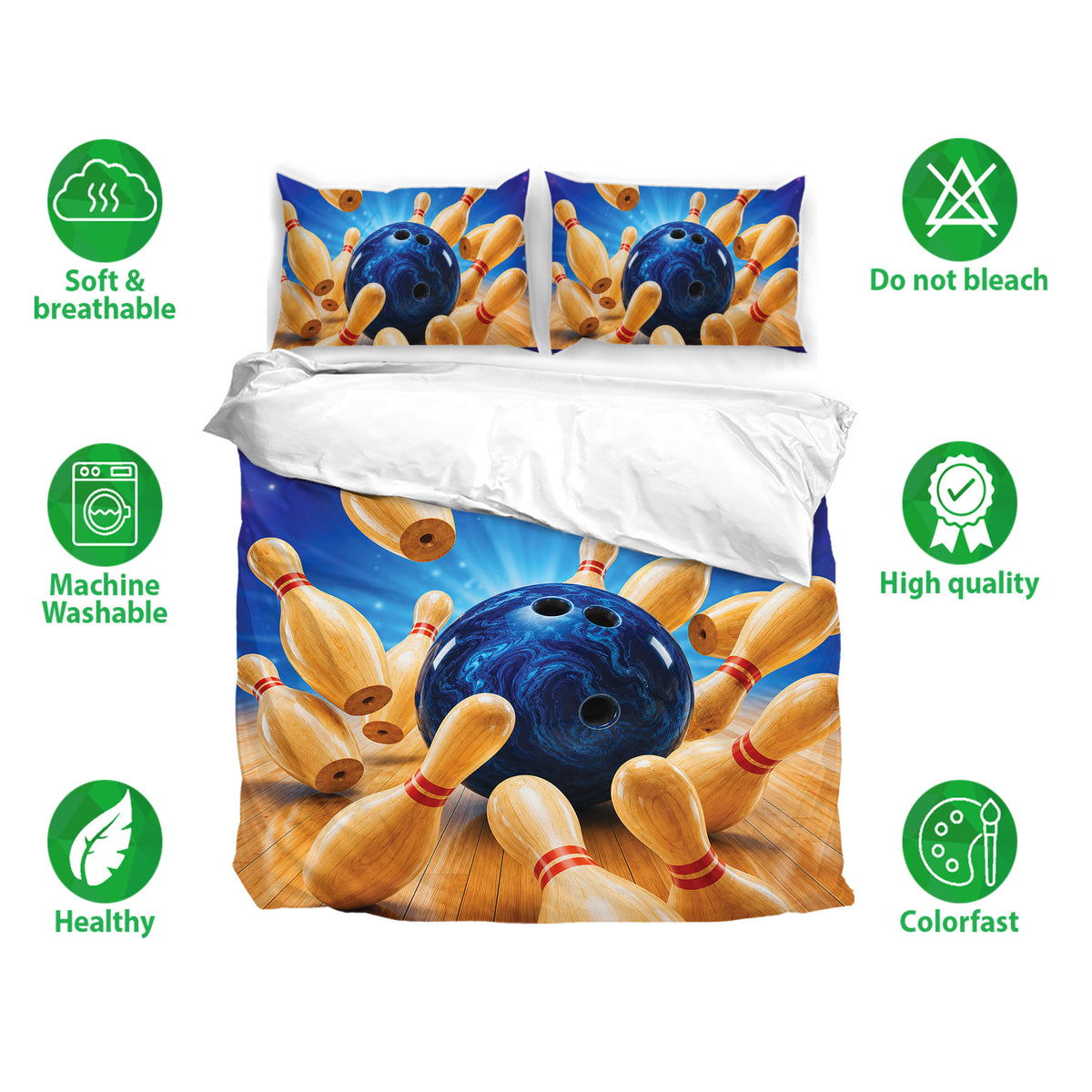 Bowling bedding set showing a blue bowling ball and pins design on the duvet cover and pillowcases