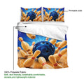 Bowling duvet cover set with printable blue artwork, wooden pins, and a dark swirling bowling ball