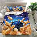 Custom bowling duvet cover bedding set styled in a bright bedroom with matching bowling pillowcases