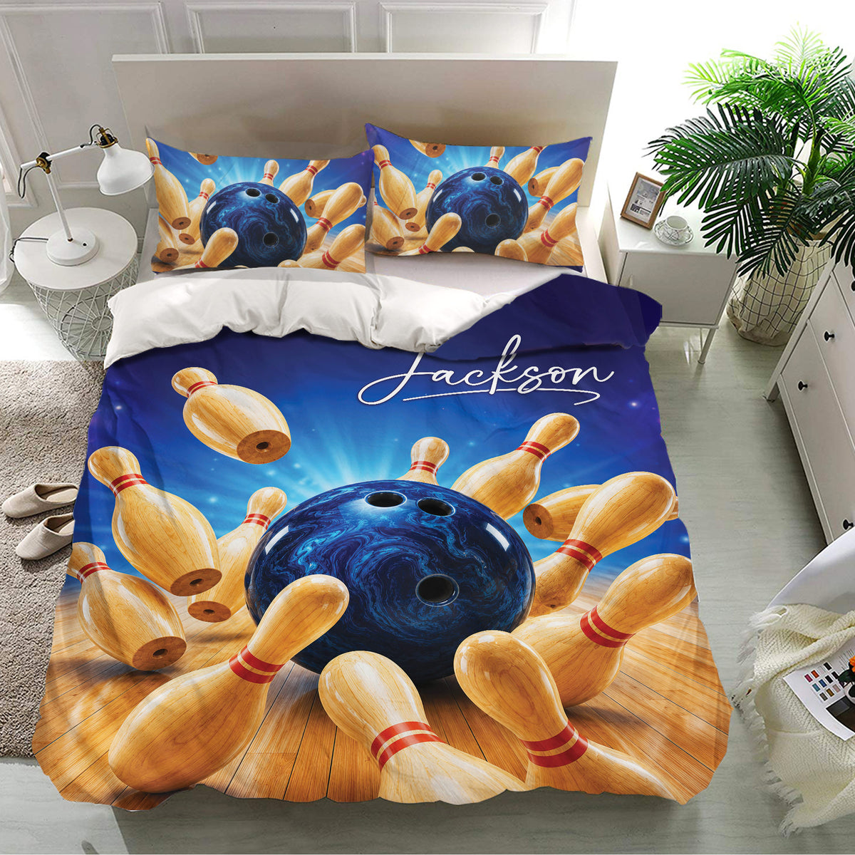 Custom bowling duvet cover bedding set styled in a bright bedroom with matching bowling pillowcases