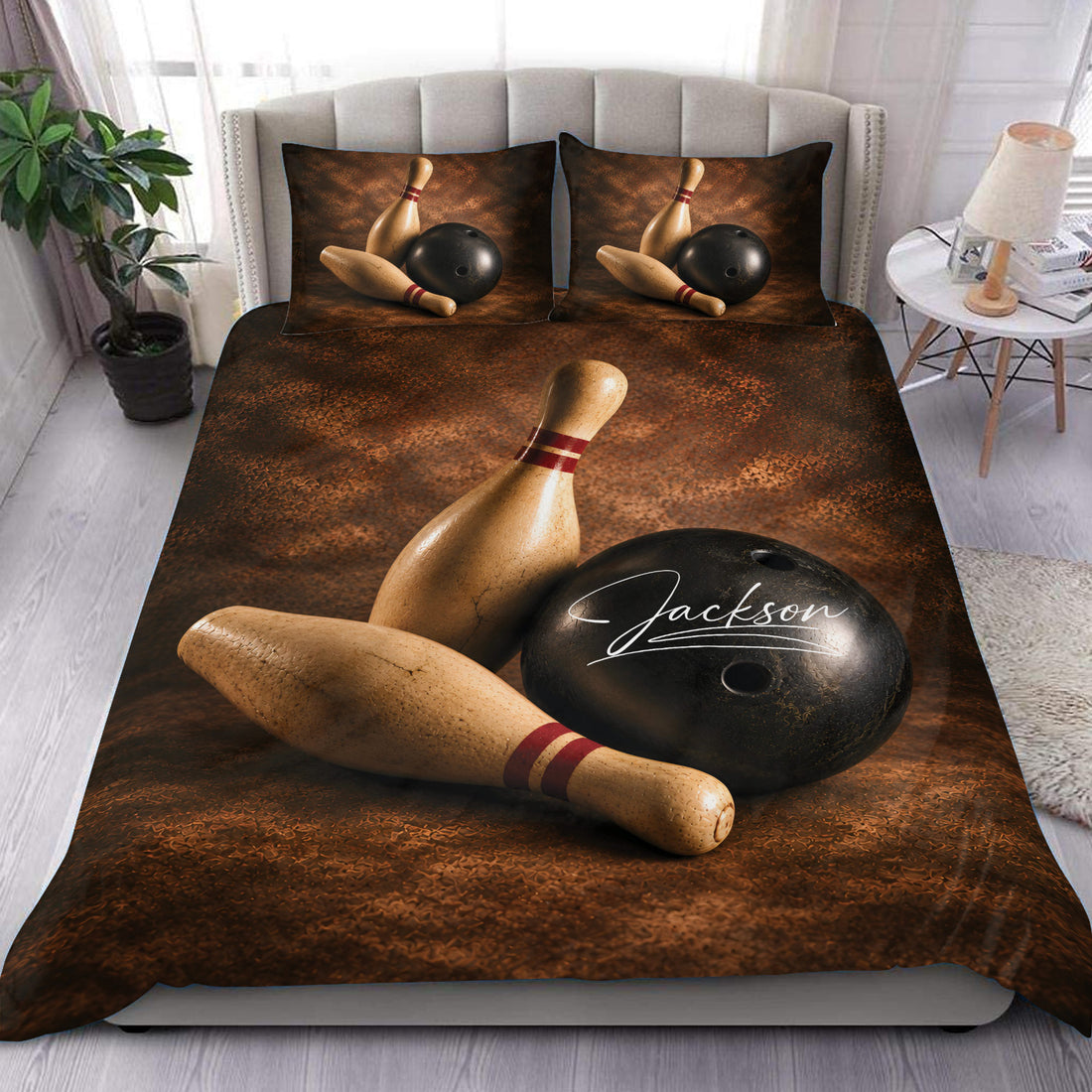 Bowling duvet cover set displayed on a bed with bowling balls and pins in rich brown tones