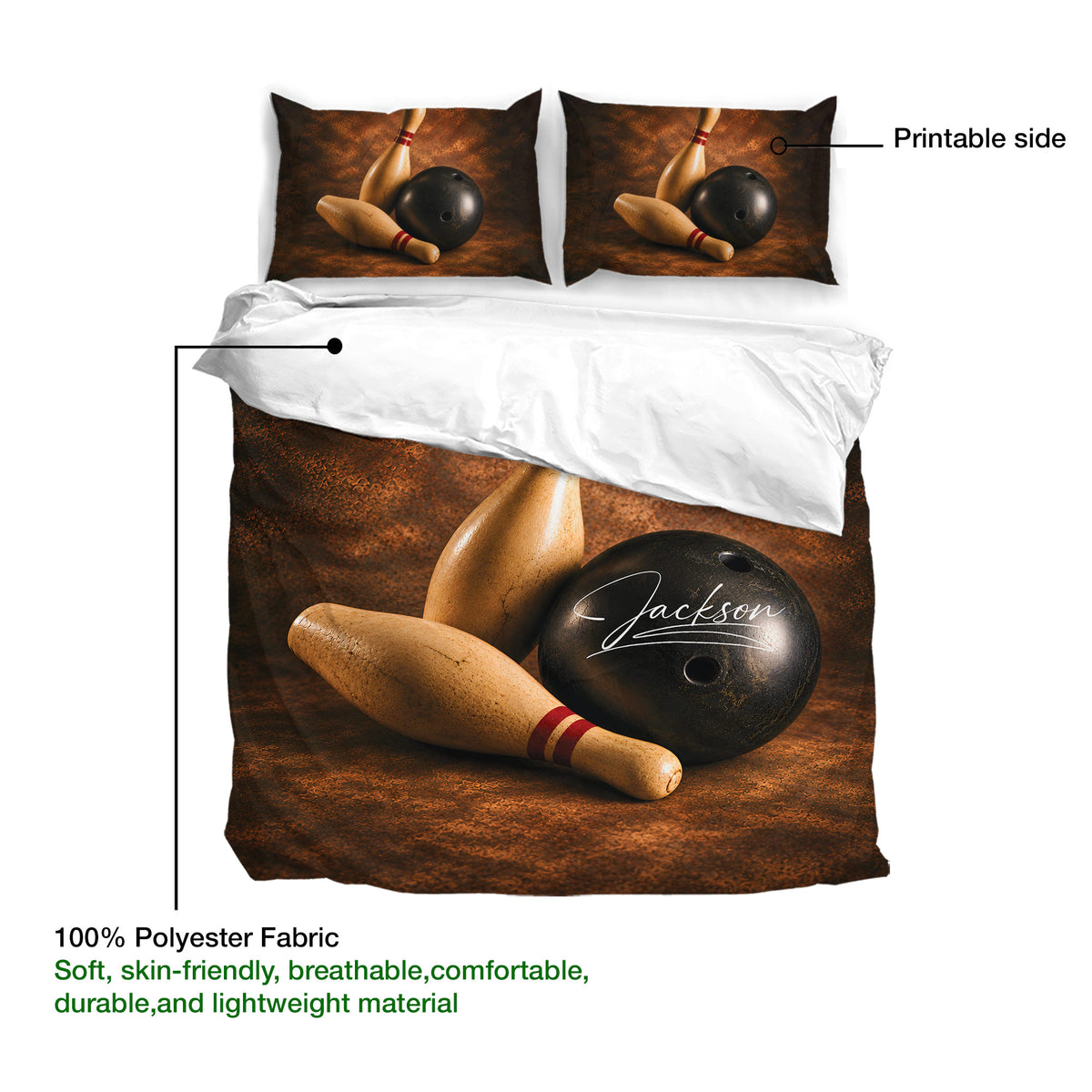 Bowling duvet cover and pillowcases showing printable artwork and lightweight polyester fabric details