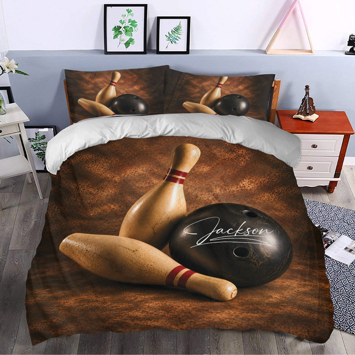 Bowling duvet cover set styled in a bedroom with dramatic bowling ball and pin artwork