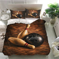 Bowling bedding set in a bright bedroom featuring brown bowling ball and pin artwork