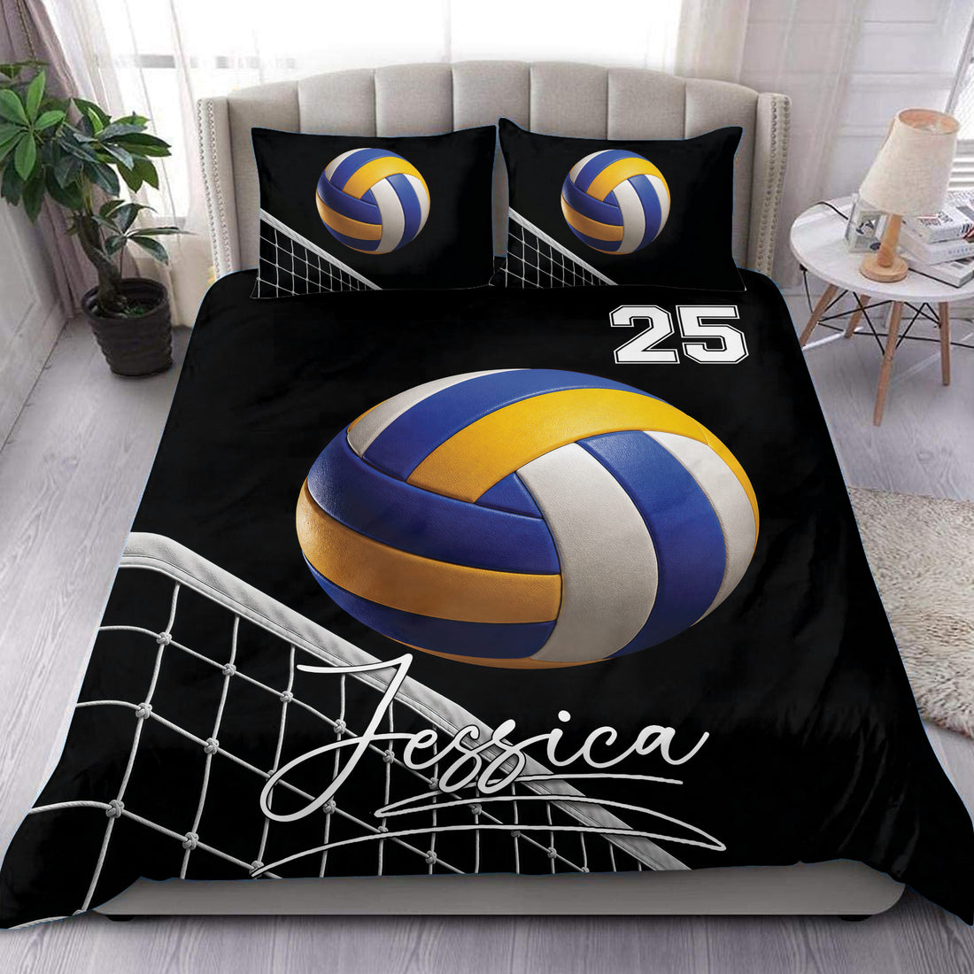 Black volleyball duvet cover set featuring a blue and yellow ball, net detail, and bedroom display
