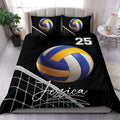 Black volleyball duvet cover set featuring a blue and yellow ball, net detail, and bedroom display