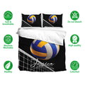Volleyball duvet cover bedding set shown on a bed with blue and yellow ball artwork and soft bedding icons