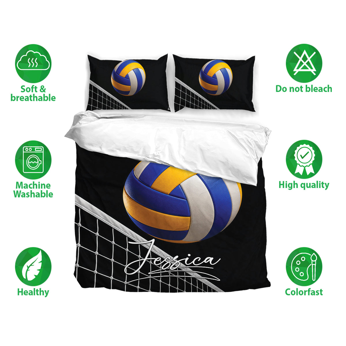Volleyball duvet cover bedding set shown on a bed with blue and yellow ball artwork and soft bedding icons
