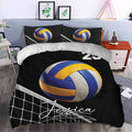Volleyball bedding set styled in a modern bedroom with bold black, blue, yellow, and white artwork