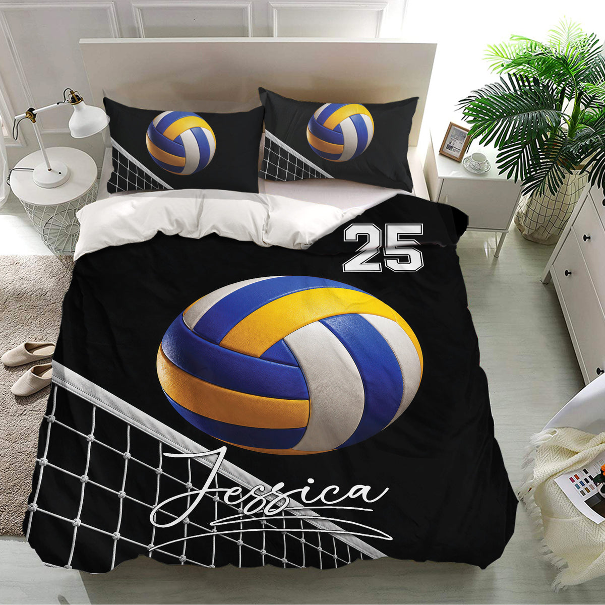 Volleyball duvet cover bedding set displayed in a bright bedroom with court net graphics and vibrant ball artwork