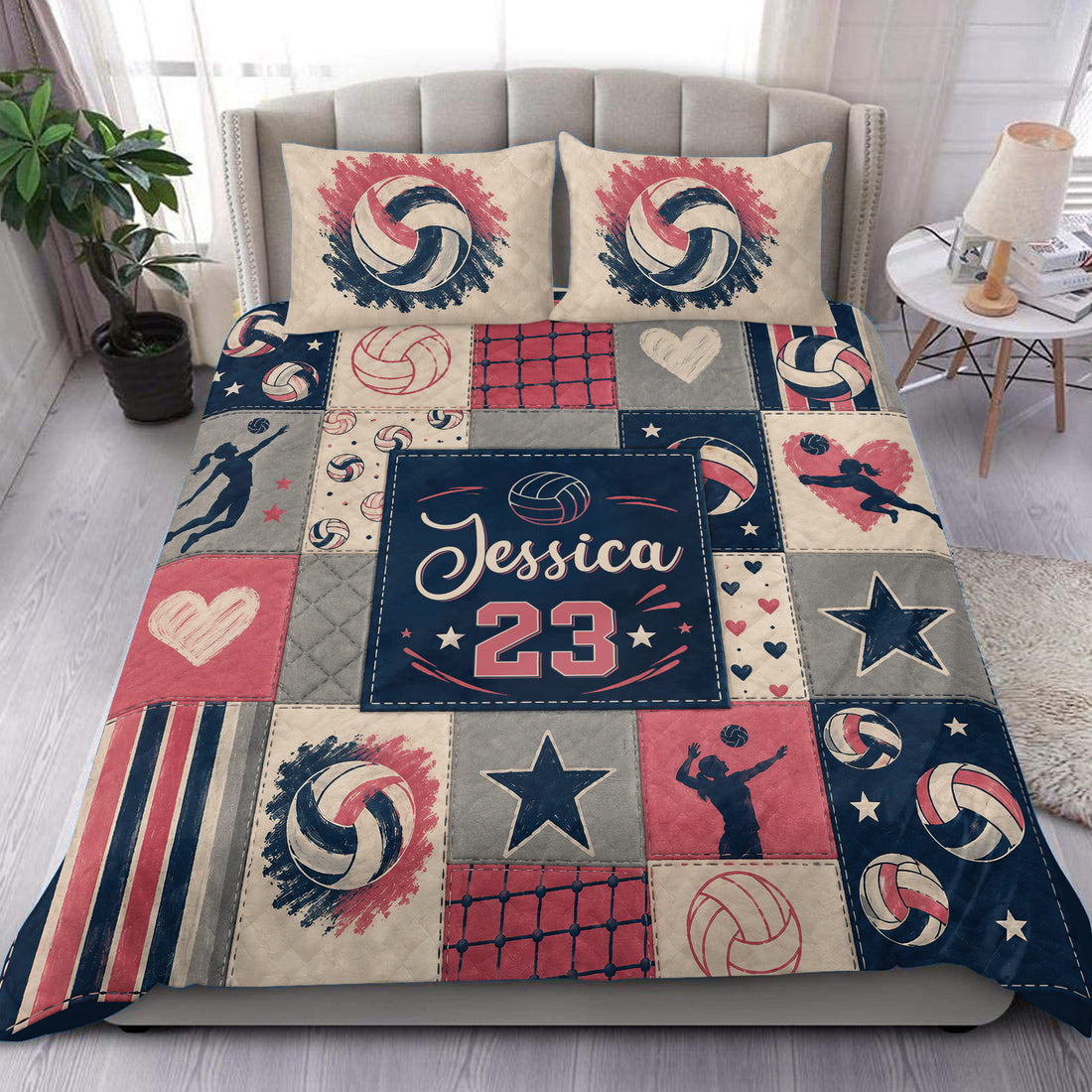 Custom volleyball duvet cover set in navy, coral, cream, and gray patchwork bedroom decor