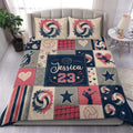 Custom volleyball duvet cover set in navy, coral, cream, and gray patchwork bedroom decor