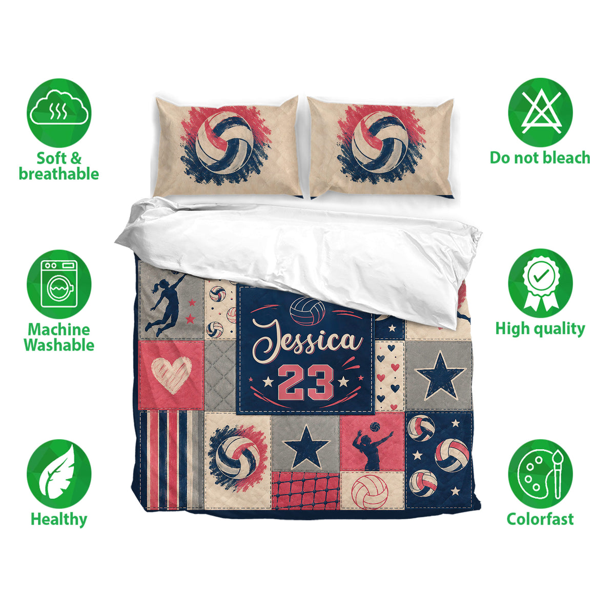 Volleyball duvet cover bedding set displayed with matching pillowcases and colorful sports artwork