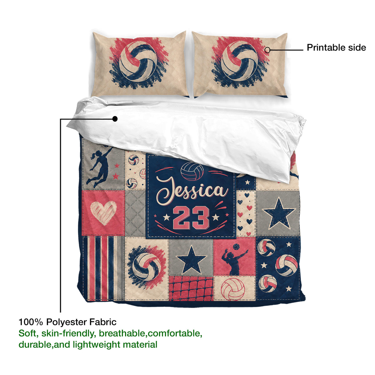 Volleyball duvet cover set showing printable artwork, soft fabric, and patchwork sports design