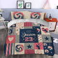 Volleyball duvet cover bedding set styled in a bedroom with bold athletic patchwork artwork