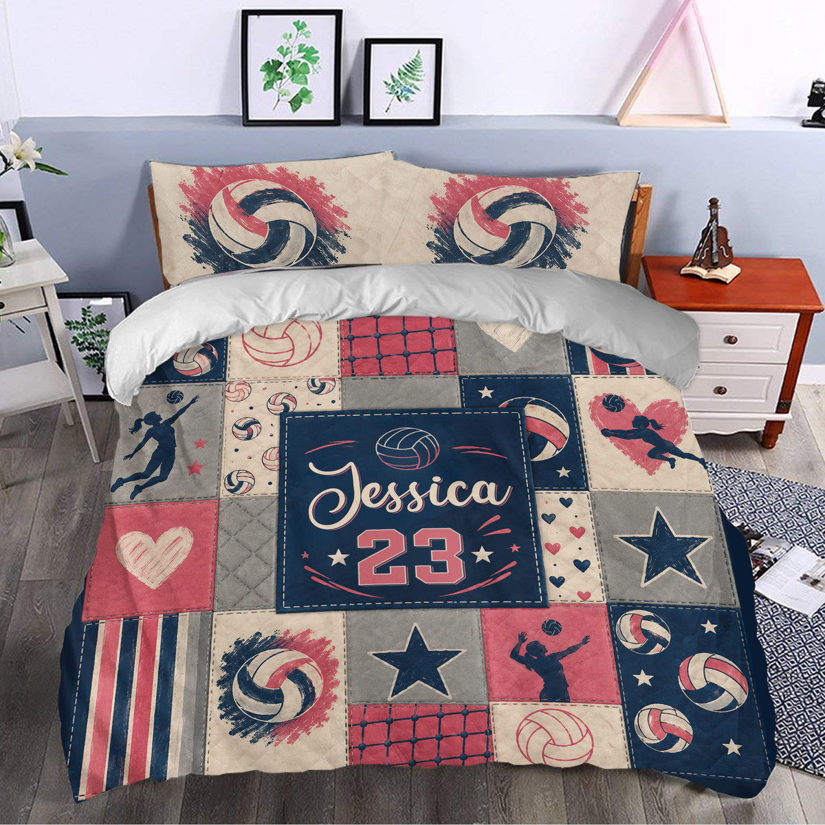Volleyball duvet cover bedding set styled in a bedroom with bold athletic patchwork artwork