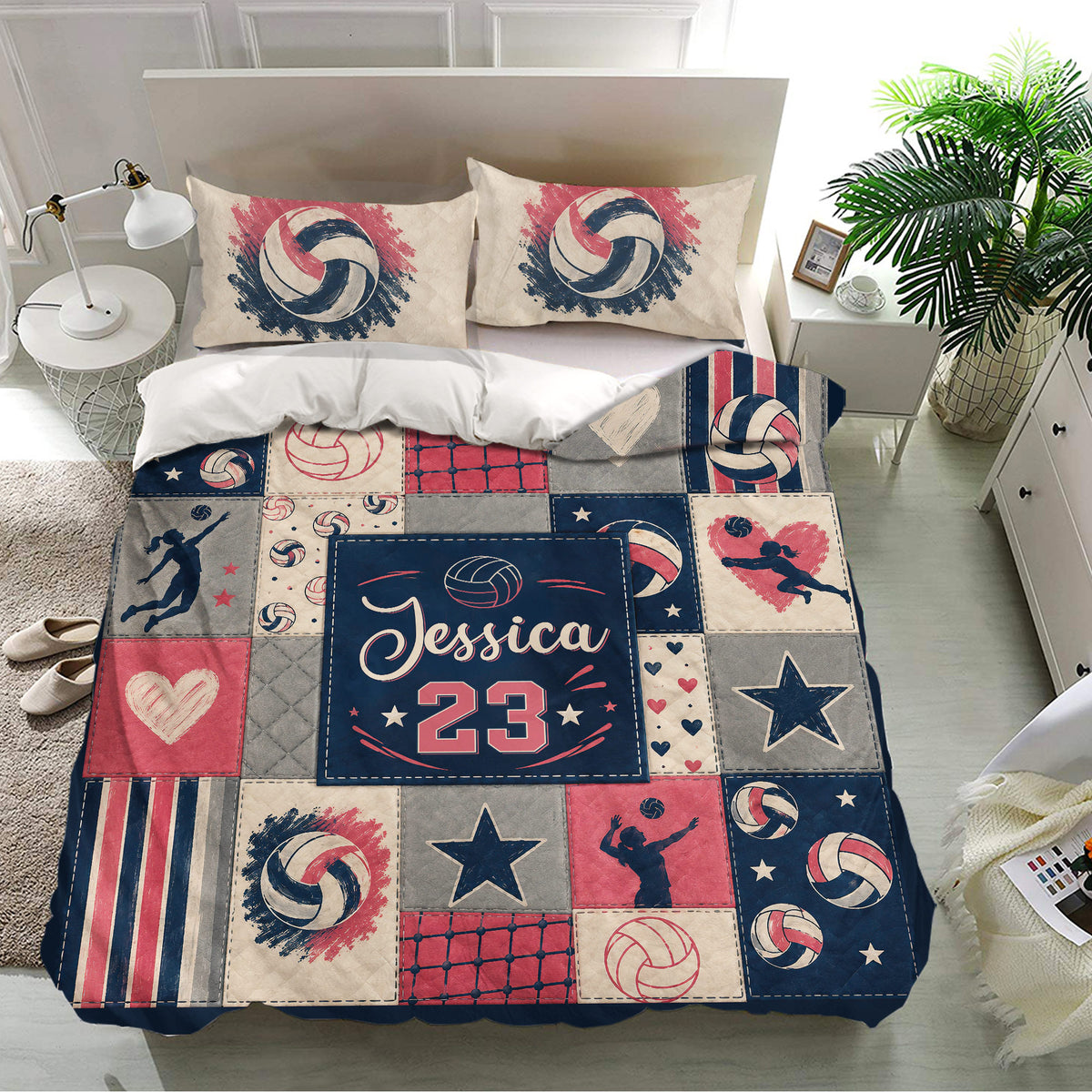 Sports bedroom featuring a volleyball duvet cover set with matching ball print pillowcases