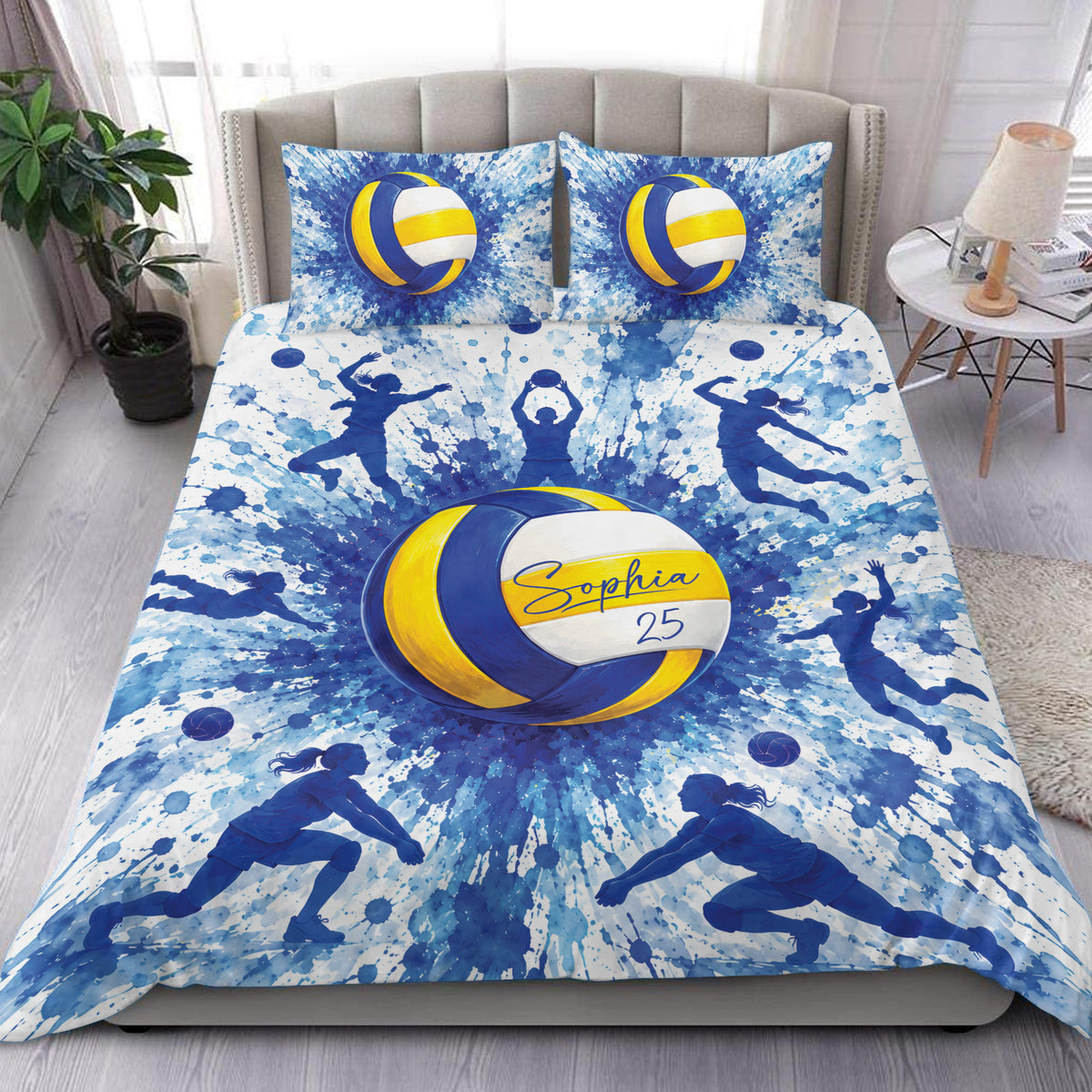 Blue and yellow volleyball duvet cover bedding set with athletic silhouettes and splash art in a bedroom