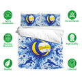 Volleyball duvet cover set displayed with matching pillowcases and soft breathable bedding feature icons
