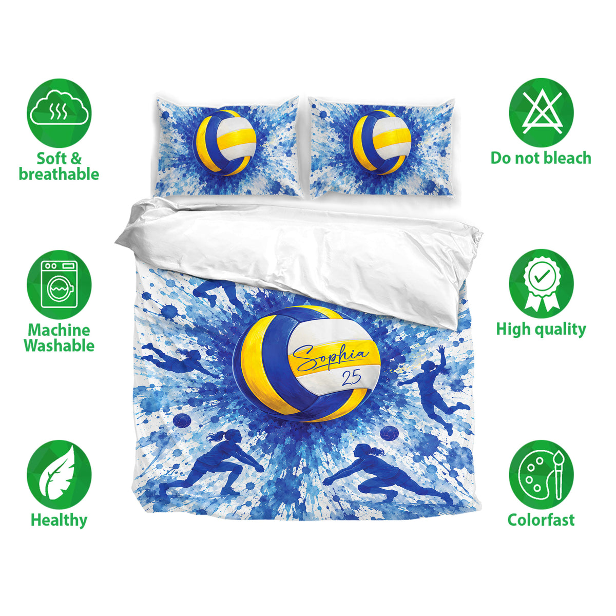 Volleyball duvet cover set displayed with matching pillowcases and soft breathable bedding feature icons