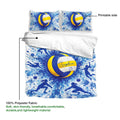 Volleyball duvet cover bedding set showing the printed side, fabric detail, and blue athletic artwork