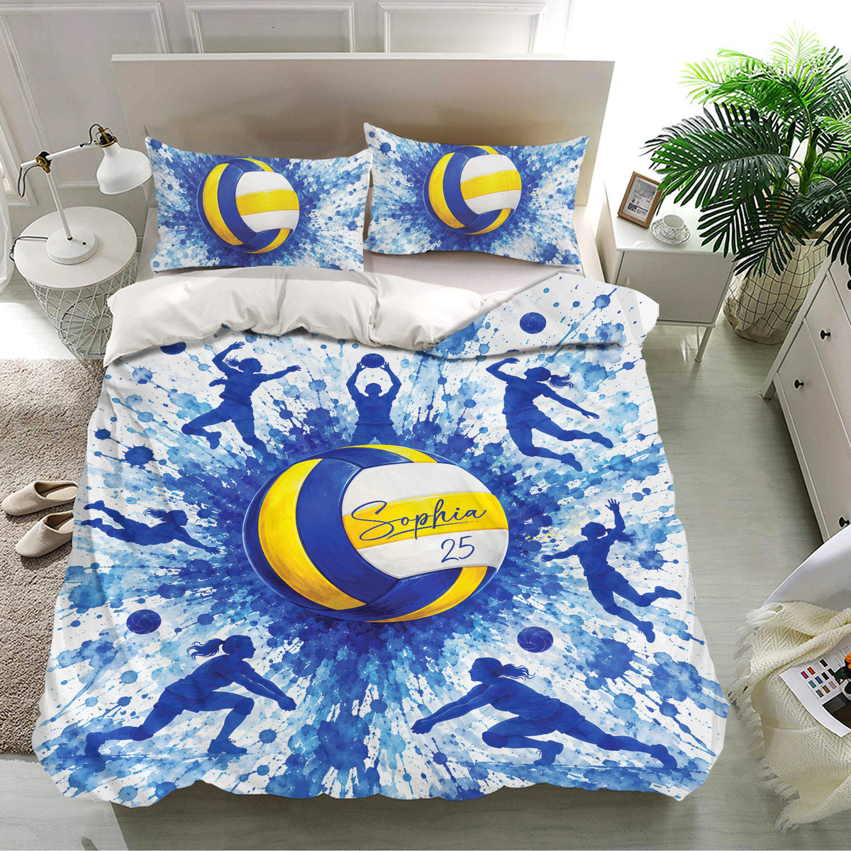 Blue volleyball duvet cover set with matching pillowcases, splash design, and energetic sports bedroom decor