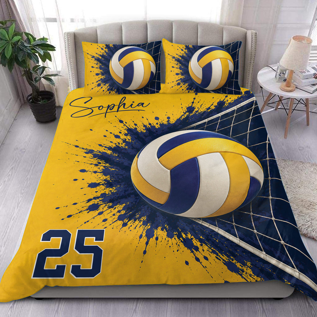 Volleyball duvet cover set displayed on a bed with yellow and navy ball, net, and splash artwork