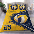 Volleyball duvet cover set displayed on a bed with yellow and navy ball, net, and splash artwork