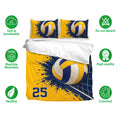 Yellow and navy volleyball bedding set shown with matching pillowcases and bold sports artwork