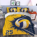 Volleyball bedding set styled in a bedroom with bold ball, net, splash, yellow, and navy artwork