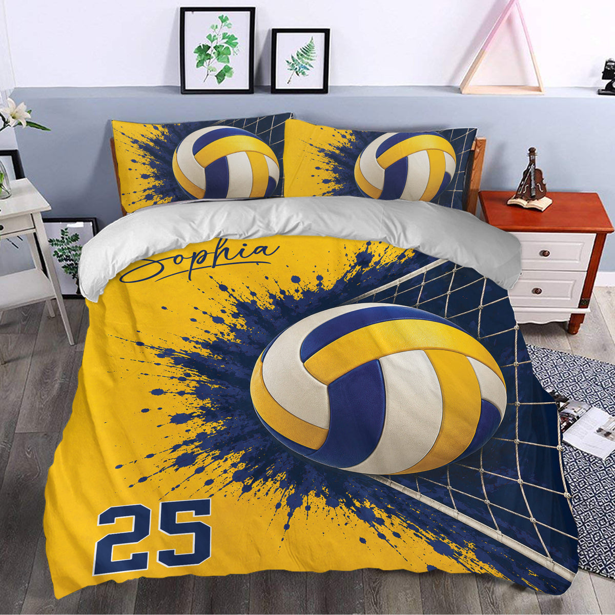Volleyball bedding set styled in a bedroom with bold ball, net, splash, yellow, and navy artwork