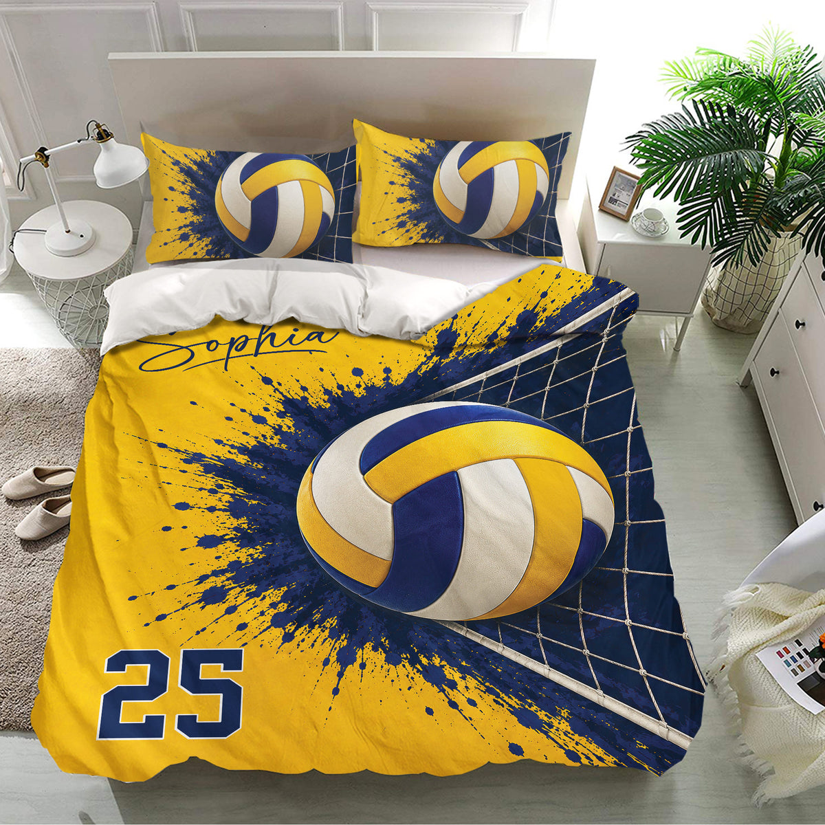 Yellow and navy volleyball duvet cover bedding set presented in a bright modern bedroom