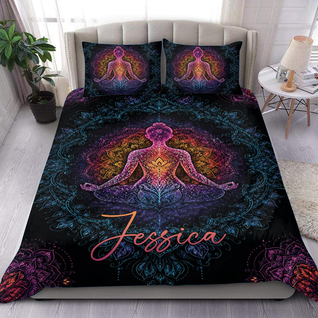 Black yoga duvet cover set with colorful meditating figure, mandala artwork, and matching pillowcases