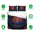 Yoga bedding set with vivid meditating figure artwork, colorful mandalas, and soft breathable fabric icons