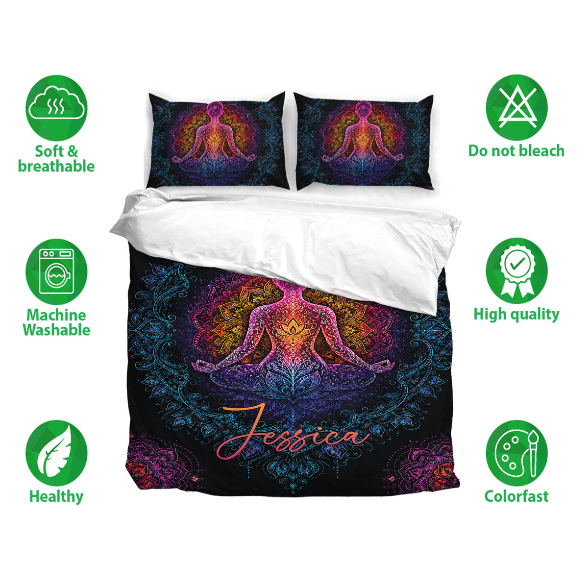 Yoga bedding set with vivid meditating figure artwork, colorful mandalas, and soft breathable fabric icons