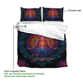 Yoga duvet cover showing a printable side with meditating figure, mandala details, and black background