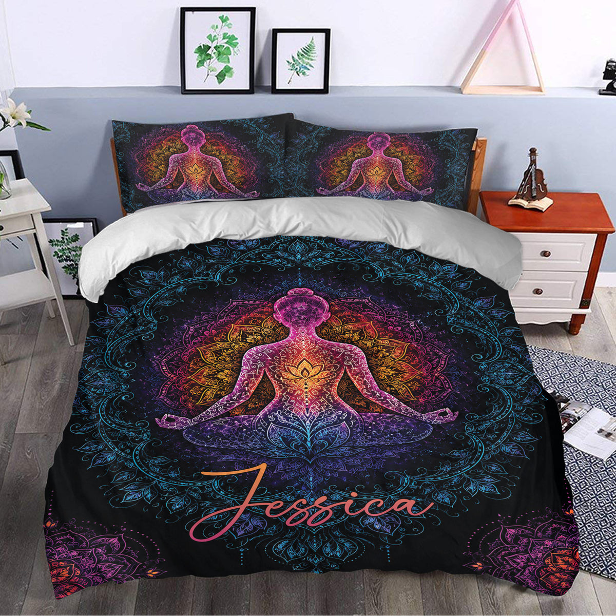 Colorful yoga duvet cover bedding set styled in a modern bedroom with matching meditation artwork