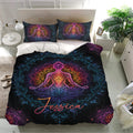 Meditation yoga bedding set displayed on a bedroom bed with vibrant mandala and lotus-inspired details