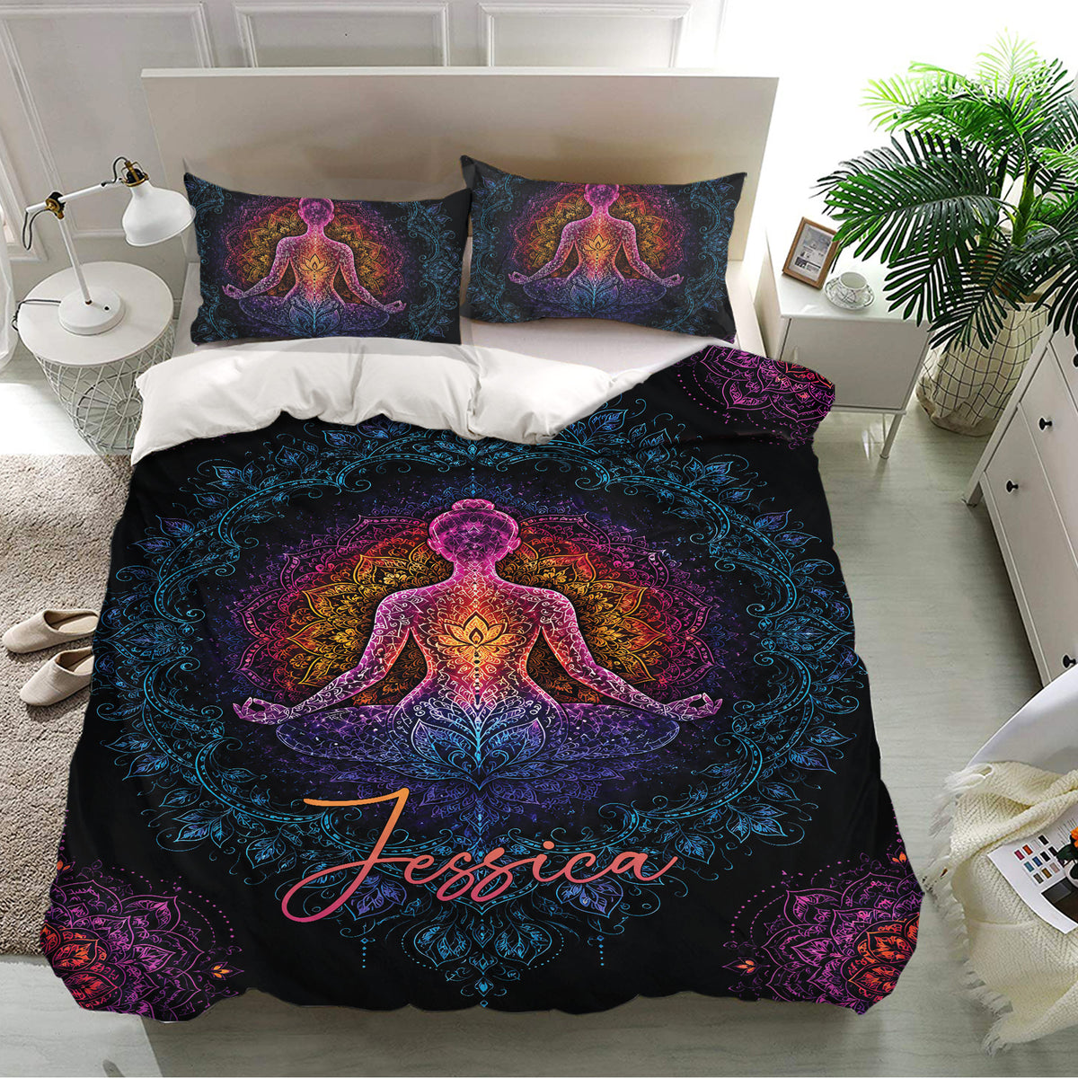 Meditation yoga bedding set displayed on a bedroom bed with vibrant mandala and lotus-inspired details