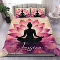 Pink lotus yoga meditation duvet cover set styled on a modern bedroom with matching pillowcases