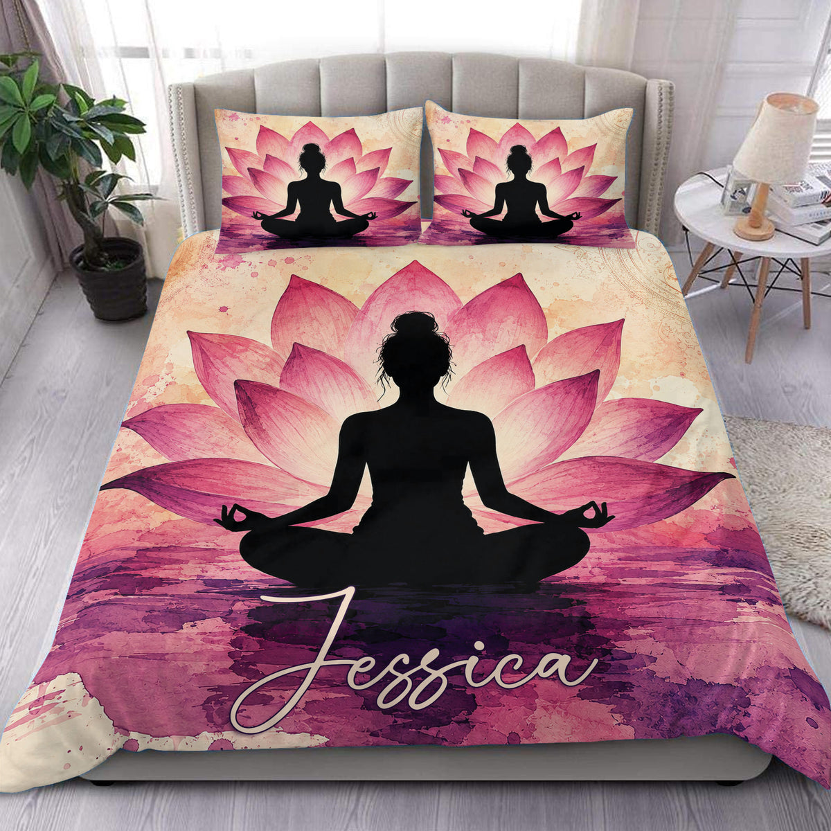 Pink lotus yoga meditation duvet cover set styled on a modern bedroom with matching pillowcases