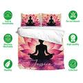 Yoga meditation duvet cover set with pink lotus artwork shown with breathable fabric and care icons