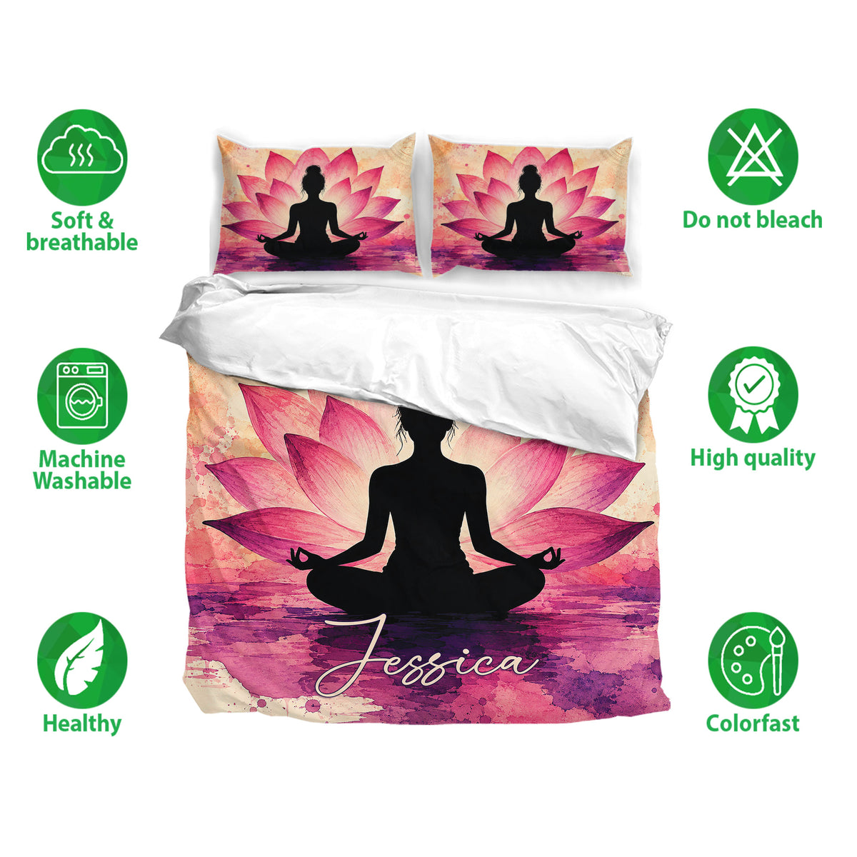 Yoga meditation duvet cover set with pink lotus artwork shown with breathable fabric and care icons