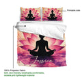 Pink lotus meditation duvet cover set showing the printed side, fabric detail, and matching pillowcases